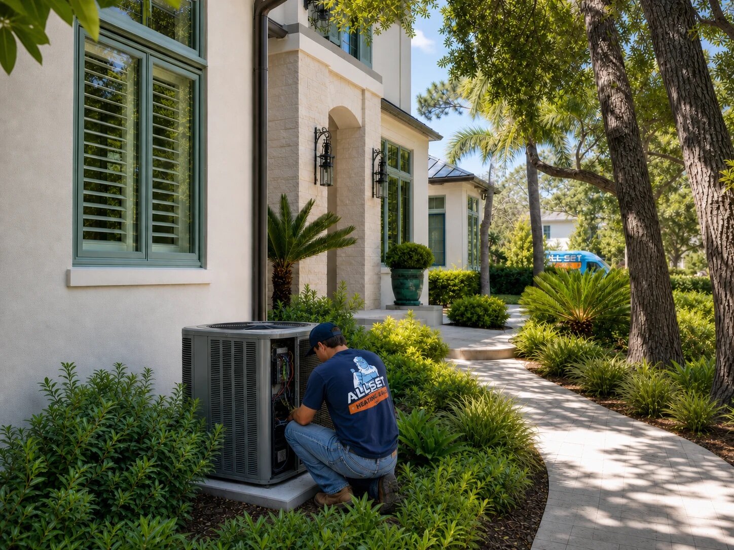 All Set technician servicing an outdoor air-conditioning unit beside a home