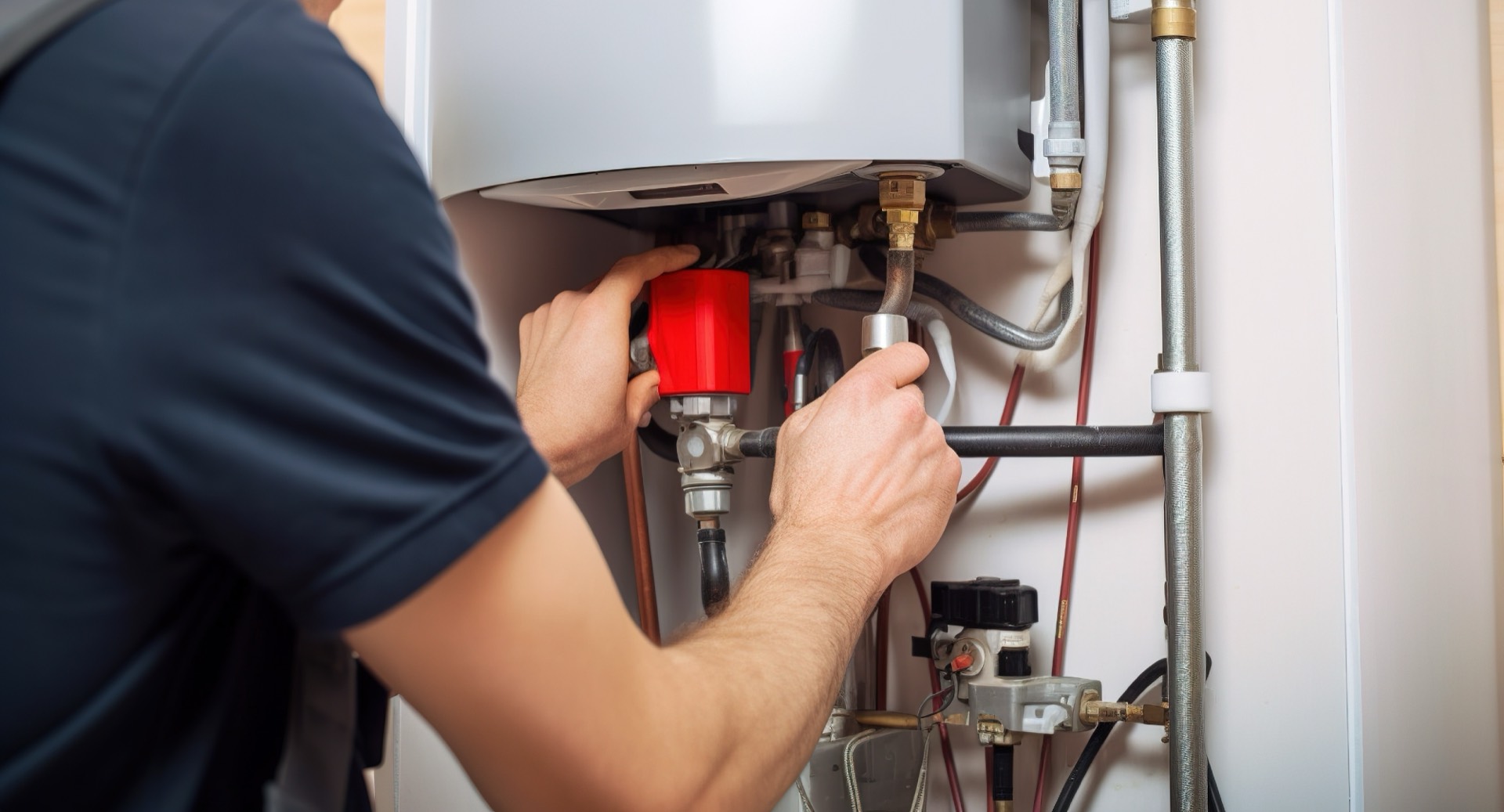 Technician performing water heater maintenance at a property